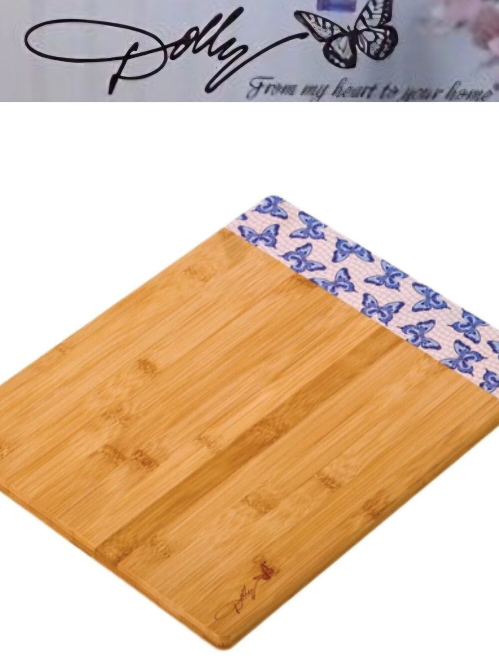 Dolly Parton Bamboo 11 X 14 Reversible Butterfly Cutting Board- Blue